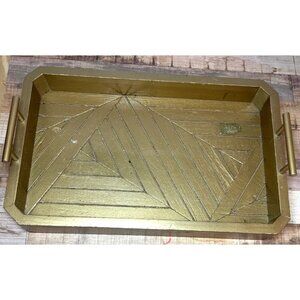 Gold Wooden Serving Tray With Geometric Design & Side Handles Rectangular